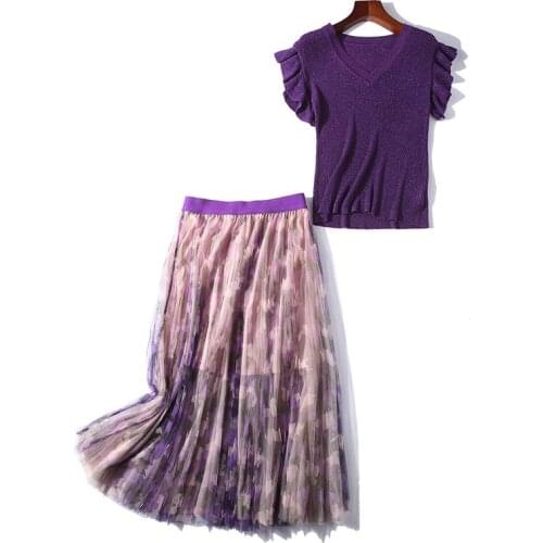 New Summer Women Fashion Purple Butterfly Sleeve V-Neck Knitted Top + Flower Print Long Mesh Skirt Set Casual Two-piece Set