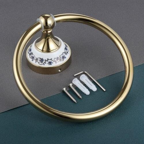 1pc 157mm Ceramic Base Towel Ring Hook Holder Wall Mount Rack Blue&White Porcelain Stainless Steel Old European Decor Hardware