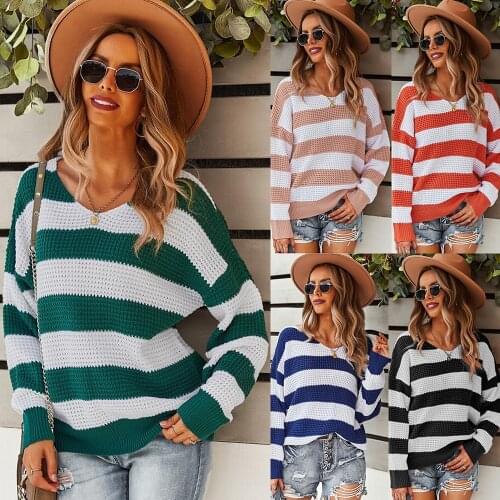 2021 Autumn Winter Thick Sweater Women Knitted Ribbed Pullover Striped Sweater Long Sleeve V Neck Loose Jumper Soft Warm Top