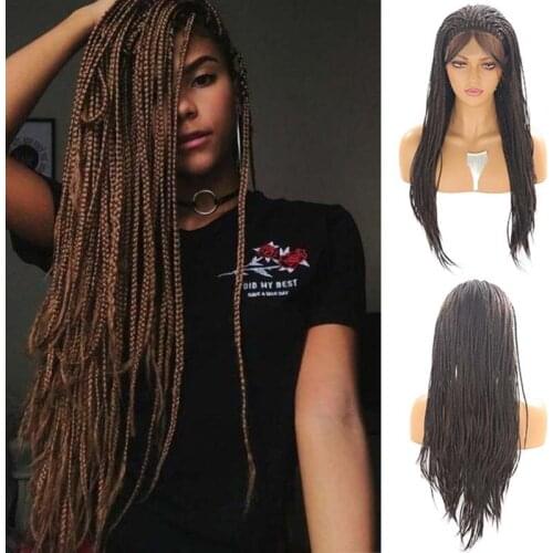 AIMEYA Dark Brown Long Synthetic Braided Lace Front Wigs for Black Women Micro Box Braid High Temperature Hair Lace Wig