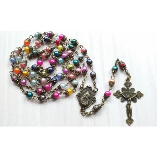 QIGO Antique Cross Acrylic Pearl Rosary Necklace With Cup Religious Jewelry