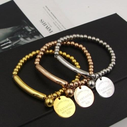 Stainless Steel Bead Bracelet Rose Gold Color Elastic rope Bead Exteral Round Bracelet Medallion Girl Gift Wholesale Jewelry