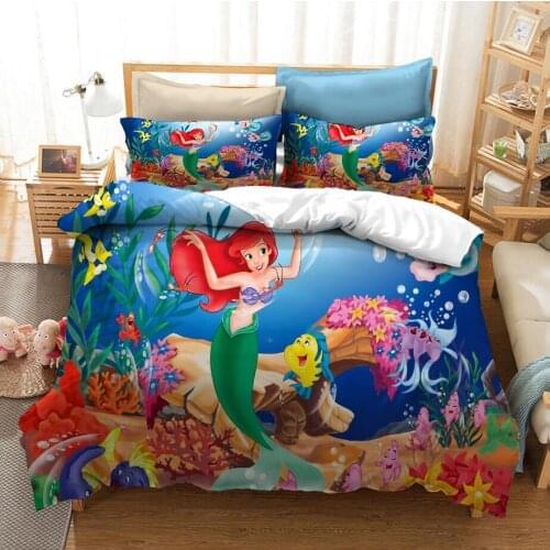 Disney Cartoon Little Mermaid Ariel 3D Printed Bedding Sets for Childrens Girls Bedroom Decorate Polyester Duvet Cover Set