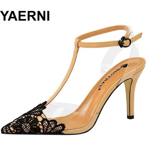 YAERNISummer Designer Women 8.5cm High Heels Party Sandals Transparent Blue White Stiletto Heels Lace Mesh Sandals Wedding Shoes