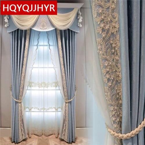 European luxury blue blackout curtains with lace decorative lace for living room bedroom apartment hotel window custom curtain