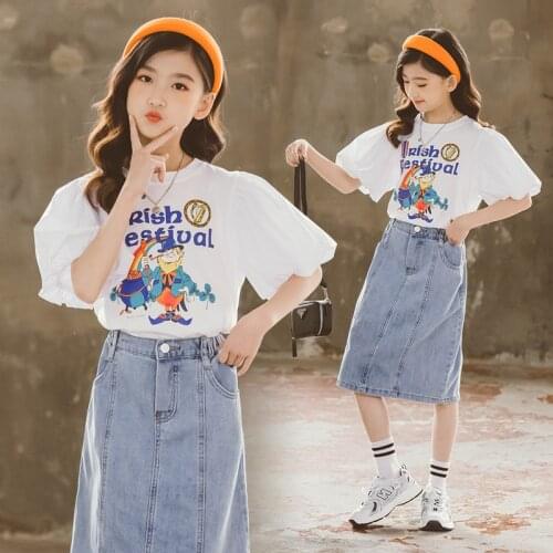 Girls Short-sleeved T-shirt 2021 Summer New Teen Children puff-sleeved Short-sleeved Girl Princess Loose Top T