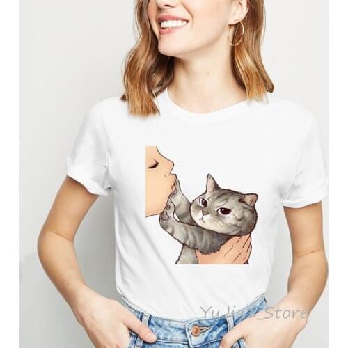 Funny no kiss cat print t shirts harajuku kawaii animal print tshirt summer top white female t-shirt 90s roupas tumblr t shirt