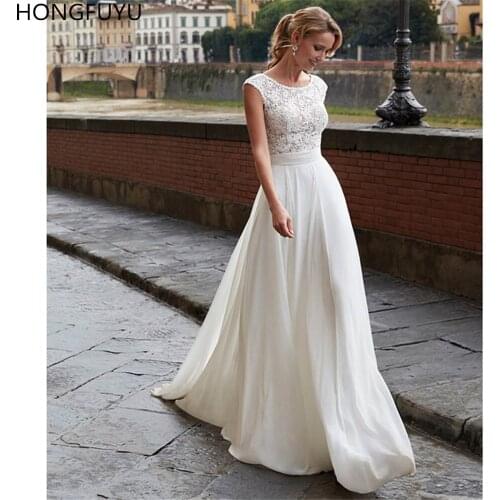 HONGFUYU Simple A-line Scoop Wedding Dresses свадебное платье Chiffon Lace Cap Sleeve Bride Gowns Plus Size robe de mariée 2021