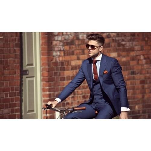 Latest Coat Pant Designs Navy Blue Casual Men Suit Double Breasted Slim Fit Skinny 3 Piece Tuxedo Custom Gentle Suits Masculino