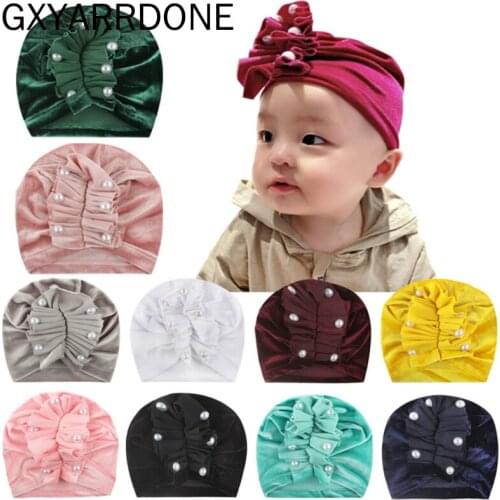 2019 New Pearls Velvet Baby Hat Girls Baby Boy Cap Photography Props Elastic Infant Beanie Turban Hat Baby Hair Accessories