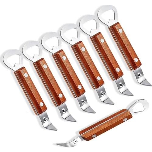 New 7 Pieces Wooden Handle Bottle Opener Stainless Steel Can Openers Dual-Sided Manual Punch Opener with Riveted Wood Handle