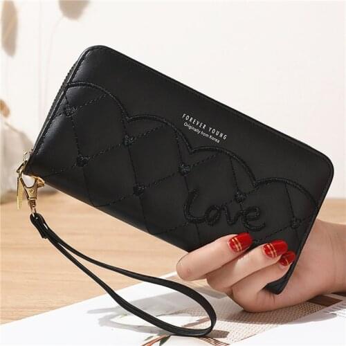 New Women Love Embroidery Thread Long Wallet Ladies Hand Wallets Multi-Card Fashion All-Match Mobile Phone Coin Purse Card Bag