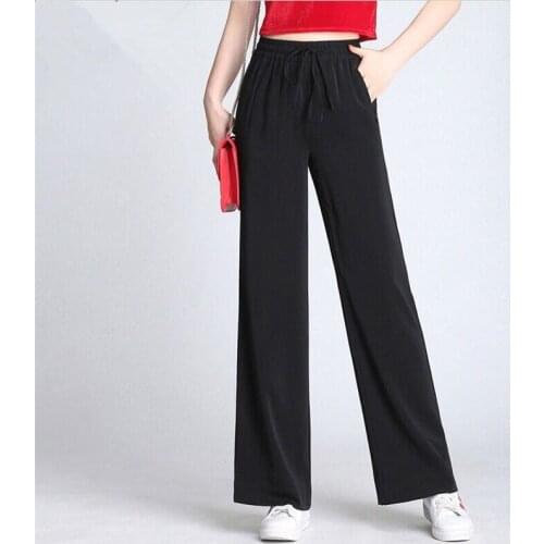 Autumn Casual Drawstring Loose Maxi Trousers Streetwear Large Szie M-7XL 2020 Summer Chiffon Straight Long Wide Leg Pants Women