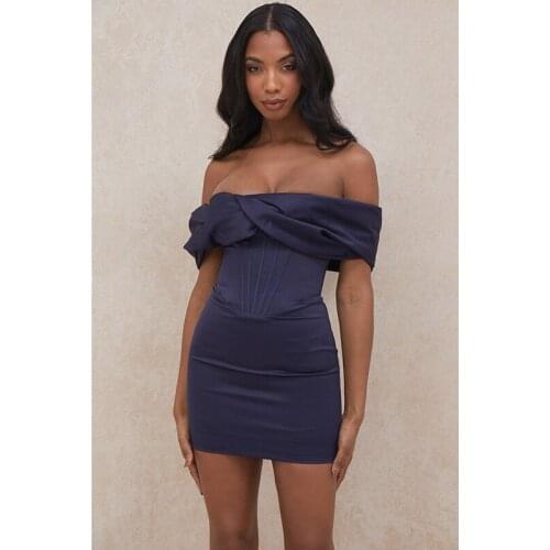 Sexy Off Shoulder Summer Women 2021 Mini Party Dress Satin French Vestidos Blue Casual Bodycon Nightclub Mini Robe Vintage 31106
