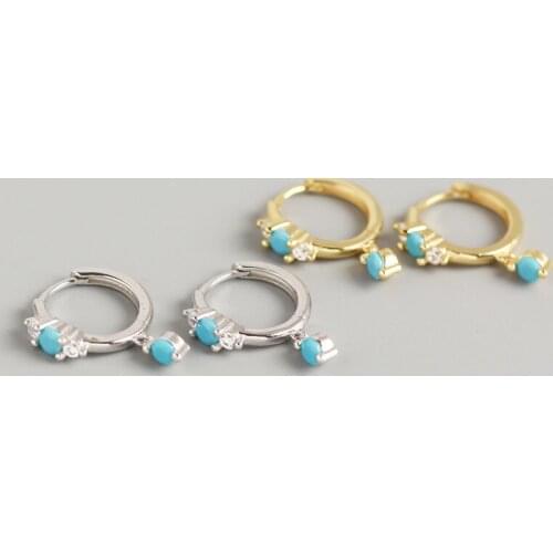 YPAY 100% Real 925 Sterling Silver Hoop Earrings for Women Europe INS Turquoise Zircon Earring Brinco Fine Party Jewelry YME775
