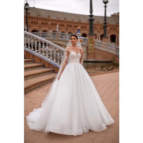 2021 A Line Wedding Dresses Appliques Lace Beaded Bridal Gowns Three-quarter Vestidos de novia Custom Size