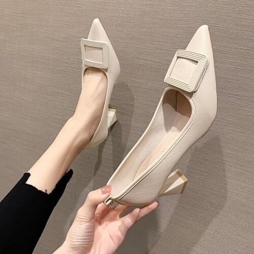 Black High Heels Women Pumps Buckle Flock Dress Casual Ladies Shoes Pointed Toe Slingbacks Spring Court Shoes