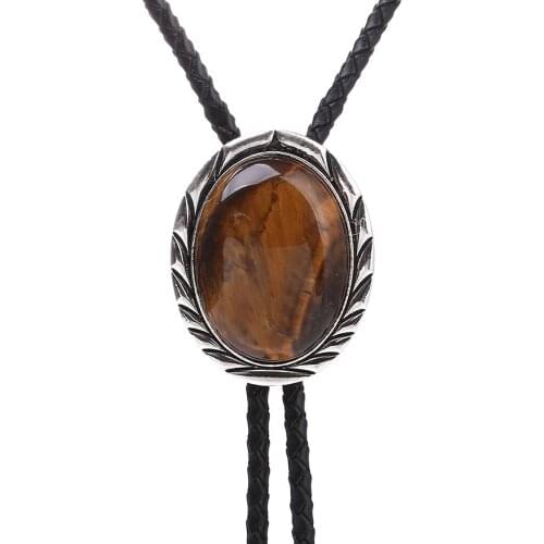 Vintage Western Cowboy BOLO Tie Slide Clip Middle Whole Big Tiger-eye/Jade PU Leather Rope Mens Fashion Accessories