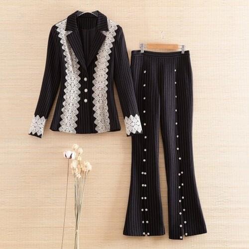 High-end Women 2 pieces Set Fashion Slim Diamond Coat Top + Black Stripe Flare Trousers Elegant Lady Casual Suit Set S-XL