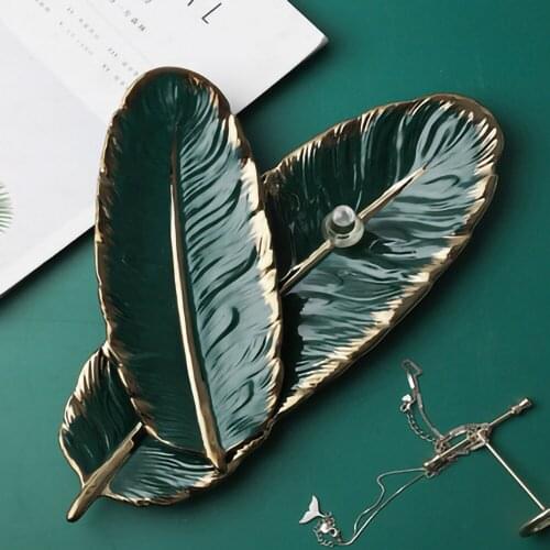 Green Banana Leaf White Ceramic Dessert Jewelry Plates Dish Dinnerware Gold Green Feather Plate Storage Tray Tableware for Home