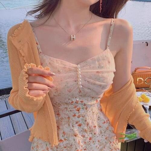 SLPBELY Women Suspender Skirt Summer Small Floral New Dress French Sweet Graceful And Graceful Goddess Fan 2021 Summer Dresses