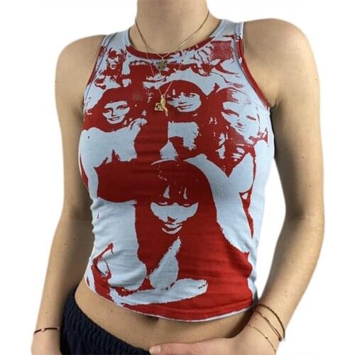 Y166 Women Gothic Punk Sleeveless Crop Top Harajuku Hip Hop Ink Portrait Graphic Printing Slim Vest Summer Casual Bodycon Shirts