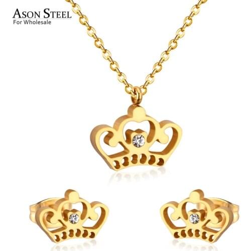 ASONSTEEL Simple Style Stainless Steel Crown Shape Gold/Silver Color Necklaces Earring for Women Fashion Jewelry Sets Bijoux