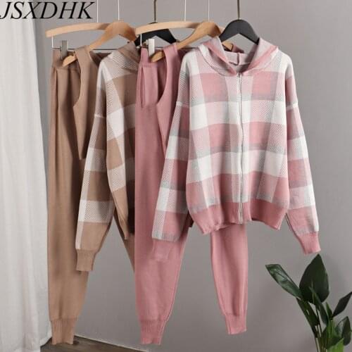 New Women Knitted 3 Piece Set Womens Tracksuits Winter Zipper Hooded Plaid Cardigan Sweaters +Tank Top + Knit Harem Pants Suits