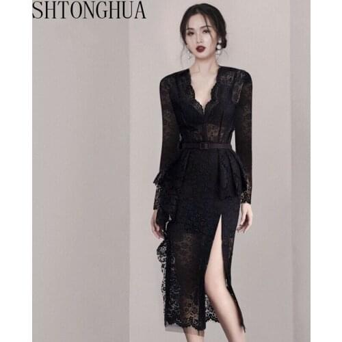 Elegant Ladies Party Dress Ruffles Pencil Black Lace Dress Women Long Sleeve V-neck High Waist Split Sexy Dresses With Belt