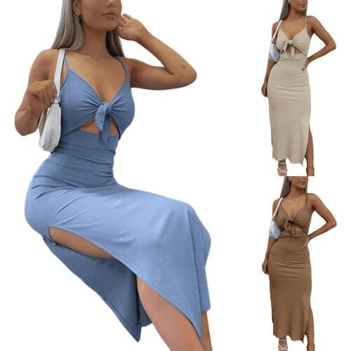 Womens sexy thin shoulder strap dress sleeveless V-neck hollow slim mid-length dress bow split split hip-knee skirt /F