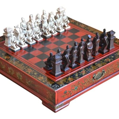 26cm Classic Chinese Terracotta Warriors Wooden Chessboard Puzzle International Chess Board Game Teenager Adult Birthday Gift
