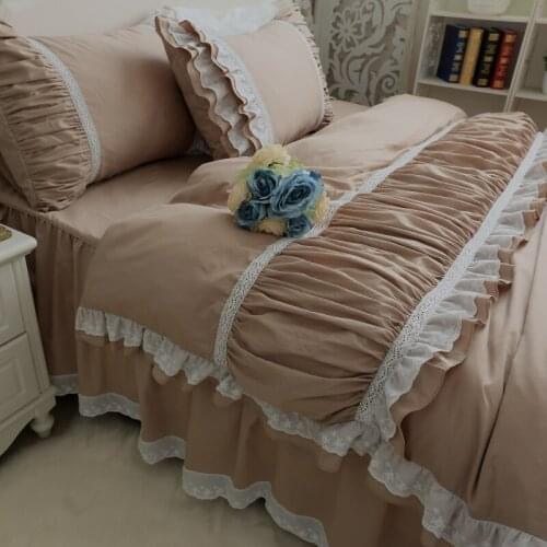 Free shipping princess Korean ruffles khaki embroidery lace bedding set twin full queen king size постельное белье с рюшами