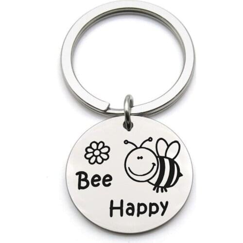 Personality Creative Letter Happy Stainless Steel Necklace Pendant Little Bee Jewelry Keychain Holiday Gift
