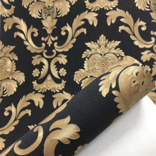 Black Wallpaper Gold Damask Patterned PVC Self-adhesive Wall Paper for Living Room Textured Vinyl Home Wall Decor Paper