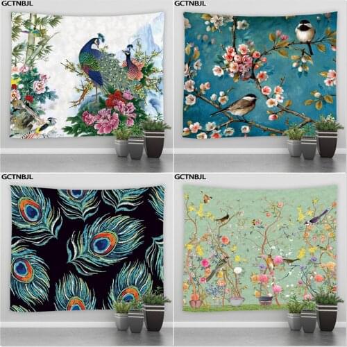 Flowers Bird Oil Painting Tapestry Chinese Style Wall Hanging Bohemian Hippie Tapestries Psychedelic Table Mat Bedroom Blanket