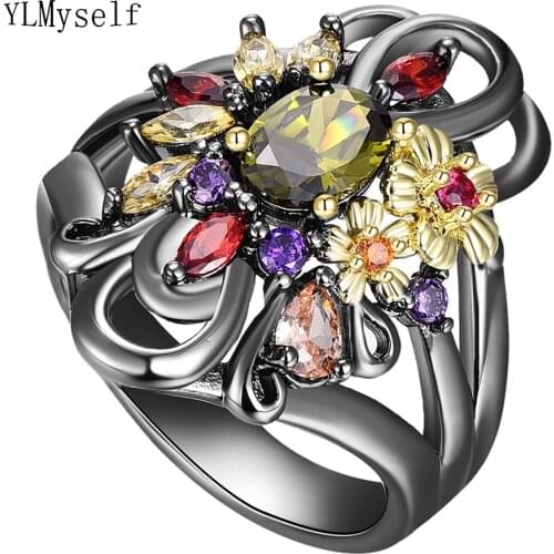 Pretty Olivine Multi Color Crystal Zirconia Ring Black/Gold 2 Tone Jewellery Copper Luxury Trendy Flower Jewelry For Women