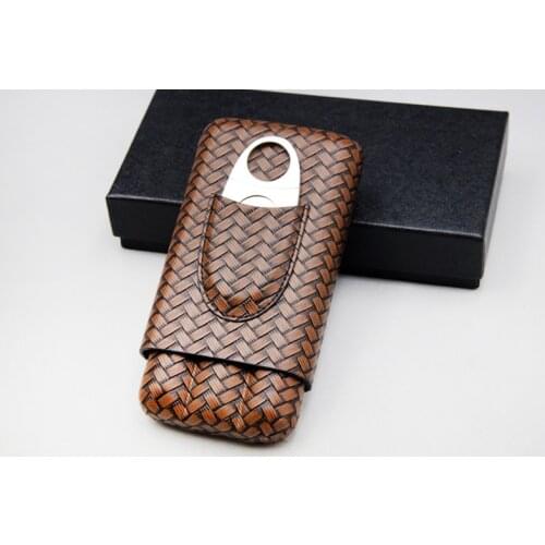 COHIBA Woven Pattern Leather Cigar Case Mini Humidor Travel Holds 3 Cigars Tube Box Moisturizing Holster With Cutter