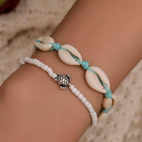 Summer Beach Handmade Blue Ropes Alloy Tortoise White Natural Shells Beads Bracelets for Women 2pcs/set