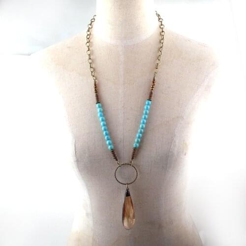 MOODPC Fashion Jewelry Turq Stone Long Chain Metal Cross and Drop Pendant Necklaces For Women Ethnic Necklace