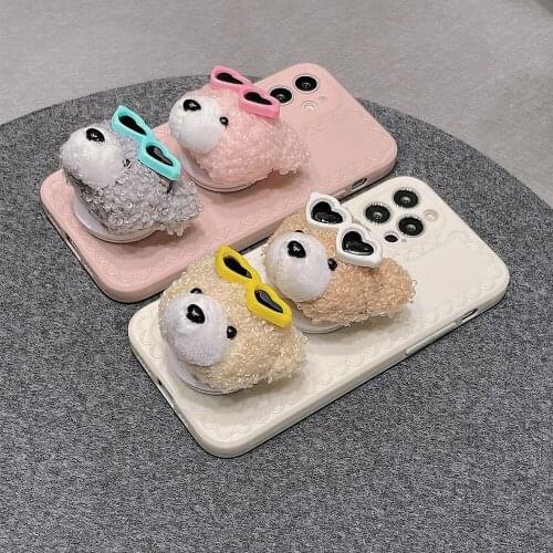 Japan Korean 3D Cute Plush Glasses Bear Bracket Soft Phone Case For IPhone 7 8 PLus X XR XS 11 12 Pro Max Cute Bumper Back Cover