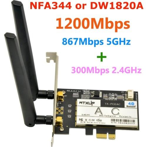 WTXUP Qualcomm Atheros NFA344 802.11ac 1200Mbps PCi Express Desktop WiFi Adapter Wireless PCI Express Adapter with Bluetooth 4.1