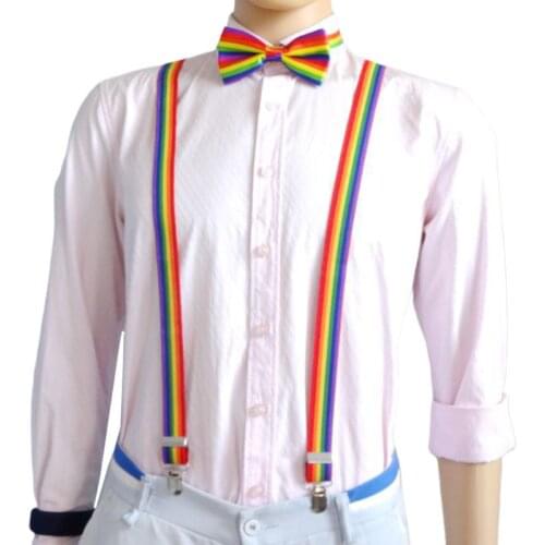 2020 New Men Women 3 Piece Rainbow Striped Costume Set Y-Back Suspenders Bow Tie Necktie
