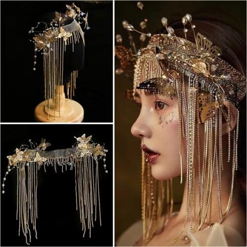 Medieval Vintage Queen Princess Metal Headwear Golden Tassels Butterfly Soft Hair hoop Banquet Bride Wedding Cosplay Accessories