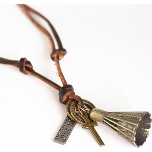 Hot Sport Brown Genuine Leather Long Sweater Chain Punk Bronze Hoops Cross Badminton Pendant Necklace Men Women Homme Jewelry