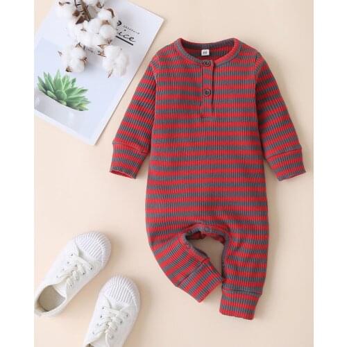Toddler Infant Long Sleeve Round Neck Ribbed Jumpsuits Newborn Baby Striped Romper Casual Playsuit Kids Autumn Clothes
