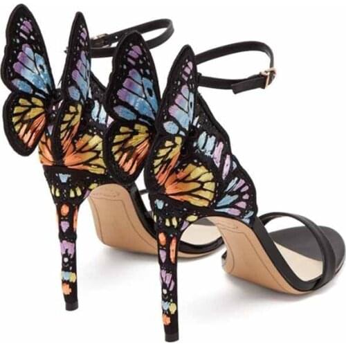 Women Summer Sandals Black Pink Butterfly womens shoes heels Embroidered Ankle Wrap Sandals Angel Wings Sandalias Mujer 2020