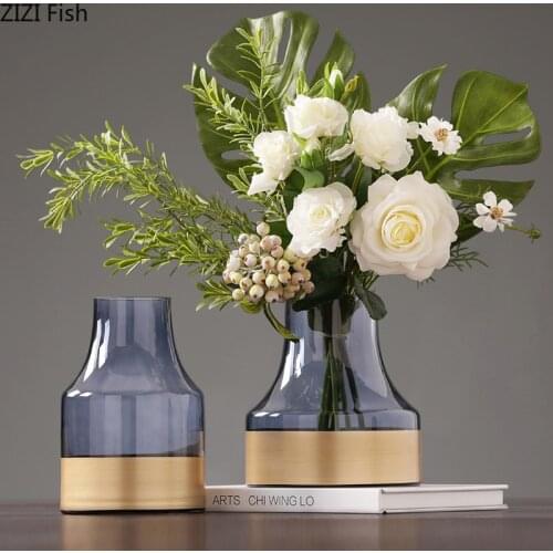 Modern Blue Gold Bottom Glass Vases Home Room Entrance Hydroponic Floral Decor Romantic Dining Table Flower Vase Home Decoration