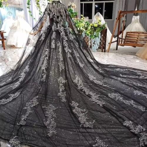 Wedding Shawl Lace Appliqued Cape Floor Length Long Bridal Train Tailing Black Silver Shiny Gothic Sakura for Woman Wedding Cape