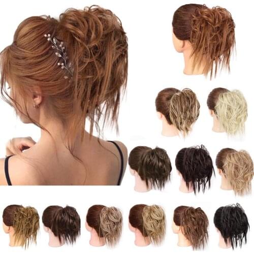 Kong&Li Girls Curly Scrunchie Messy Bun Chignon With Rubber Band Brown Gray Synthetic Elastic Hair Bun Ring On Bun Ponytails