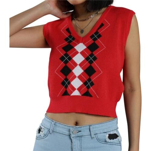 Women Casual V-neck Knitted Vest Red Plaid Printed Pattern Sleeveless Tops S/ M/ L/ XL